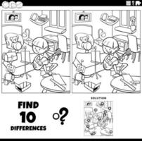 differences game with cartoon boy in his room coloring page vector