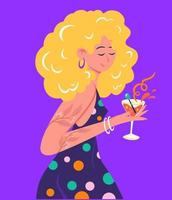 Girl with a cocktail in her hands. Young woman in evening dress at a party. Character of female. Festival. Perfect for invitations banners posters and the web. Vector flat illustration.