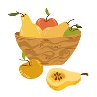 Fruit basket. Wicker basket with apples and pears. Harvest. Ripe farm fruits. Vector flat illustration isolated on the white background.