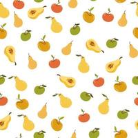 Fruit seamless pattern. Apples and pears background. Harvest. Ripe farm fruits. Perfect for textile, printing, scrapbooking, wallpaper. Vector flat illustration isolated on the white background.