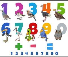 Números educativos con carácter animal de pájaros cómicos. vector