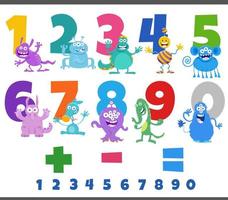 educational numbers set with fantasy monsters characters vector