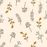 patrón de otoño sin costuras con hojas y bayas de temporada. estampado textil acogedor vectorial. lindo fondo botánico de acción de gracias, otoño. vector