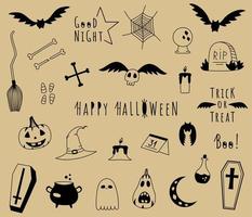 Set of doodle halloween elements. Collection of hand drawn magical items, bats. Happy halloween holiday stickers vector