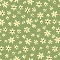 Green cute floral seamless pattern. Botanical vector print with daisies. Textile background with flowers.