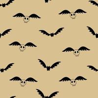 Seamless pattern with bats and skulls. Halloween vector print. Hand drawn spooky background for textile and paper