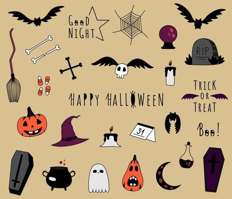 Set of doodle halloween stickers. Collection of hand drawn magical items, bats. Happy halloween holiday elements