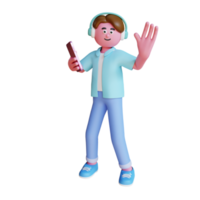 3d render hombre sosteniendo teléfono y decir hola png