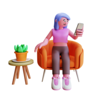 Les femmes de rendu 3d jouent au smartphone et se détendent sur le canapé png