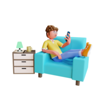 3d render young man relax on sofa and playing smartphone png