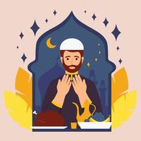 hombre musulmán rezando antes de iftar islam ilustración vectorial en estilo plano vector