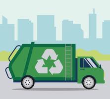 Camión de reciclaje en la ilustración de vector de concepto de ciudad en estilo plano