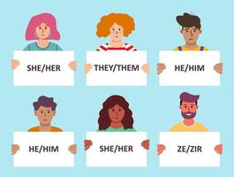 People Holding Signs With Gender Pronouns. She, He, They, Non-binary, Ze. Vector illustration In Flat Style