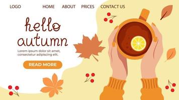 Hello Autumn Lettering On The Landing Page And Hands With Cup Of Tea Vector Illustration In Flat Style