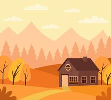 paisaje otoñal con cabaña en las montañas en paleta naranja ilustración vectorial en estilo plano vector