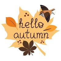 Hello Autumn Lettering. Banner Or Postcard With Leaves And Birds Vector Illustration In Flat Style