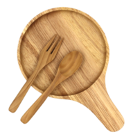piatto di legno, cucchiaio e forchetta