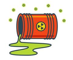 Sustancia radiactiva derramada en el suelo de un barril caído. ilustración vectorial plana