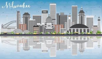 Milwaukee Skyline with Gray Buildings, Blue Sky and Reflections. vector