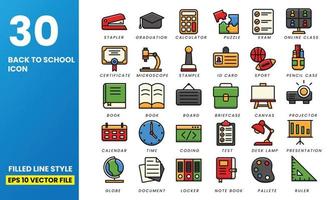 30 Back to School Icon set with filled outline style vector