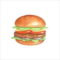 Burger with onion, tomato, cheese. Watercolor hand drawn illustration vector