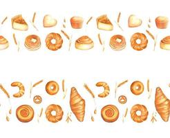 Watercolor seamless borders of various types of pastries and bread vector