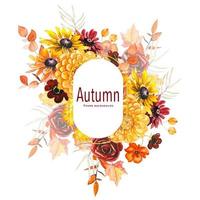 Watercolor fall floral frame , with yellow and burgundy flowers and dry leaves vector