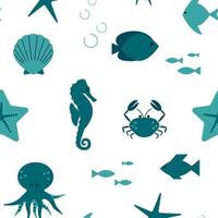 marine pattern. marine animals. fish, crab, seahorse, shell, octopus. cartoon vector illustration.