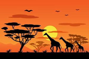 una familia de jirafas en áfrica contra la puesta de sol. ilustración vectorial de dibujos animados vector