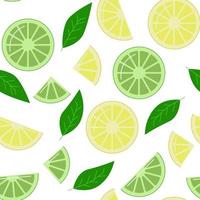 Summer background with lemon and lime fruits and mint. ingredients for mojito. pattern. cartoon vector illustration