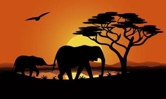 a family of elephants at sunset in Africa. Mom elephant and baby elephant. Silhouettes. cartoon vector illustration.