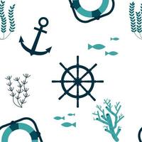 marine pattern, steering wheel, lifebuoy, anchor, fish, corals. cartoon vector illustration.