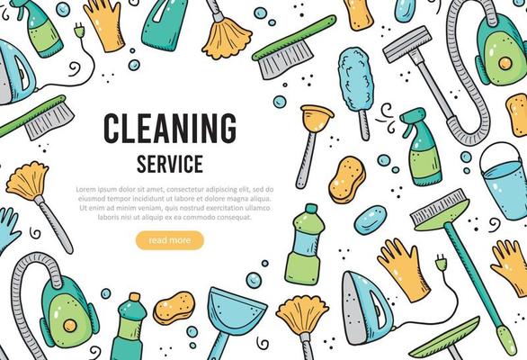 Hand drawn design template of cleaning equipments