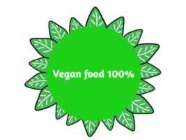 logo cibo vegano 100% lettere bianche in cerchio verde circondato da foglie. illustrazione per la giornata mondiale dei vegani.