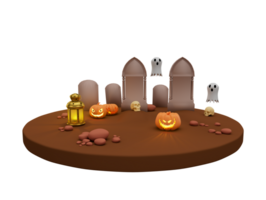 3d illustration of Halloween pumpkin lantern, tombstone and white ghost, Halloween background scene design element png