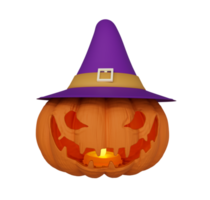 Illustrazione 3d della zucca di Halloween con il cappello all'interno della candela incandescente, elemento di design di sfondo di Halloween