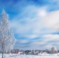 Village in winter snow covered forest. Holiday card. photo