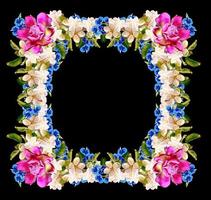 Frame of bright and colorful flowers isolated on a black background. photo