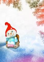 Happy snowman on a winter landscape background. photo