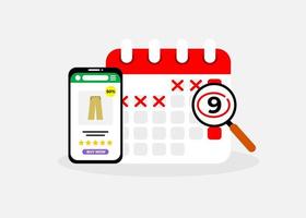 Illustration of online shop, calendar and magnifying glass. Illustration of interesting promo countdown at online shop shopping event. vector