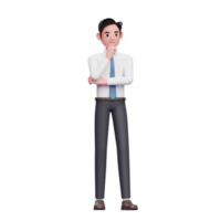 businessman wearing long shirt and blue tie thinking with fist on chin png