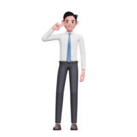 businessman posing peace finger, 3d businessman wearing long shirt and blue tie png