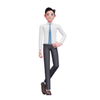 empresário de pernas cruzadas vestindo camisa longa e gravata azul