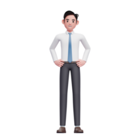 empresário pronto pose mão na cintura, empresário 3d vestindo camisa longa e gravata azul png