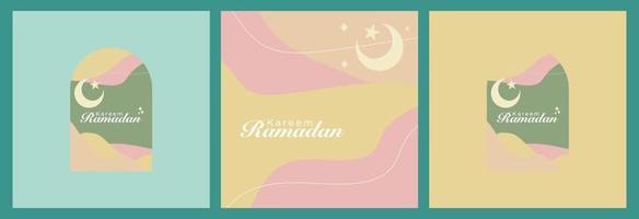 el diseño para el color pastel ramadan kareem se utiliza en un entorno de arte moderno. plantillas para arte abstracto que incluyen la luna, las estrellas y las dunas en el desierto. la pancarta o cartel vector