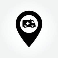 Ambulance location icon. Hospital location icon. Pharmacy location. Location of the medical facility. Doctor's coordinates. Vector icon. Black and white flat vector illustration.