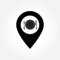 Food restaurant pin point, GPS tracker, map icon. Black and white food tracker vector location.