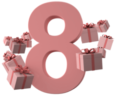 rosa, número 8, un, cumpleaños, concepto, con, regalo, cajas, 3d, render