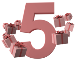 rosa, número 5, un, cumpleaños, concepto, con, regalo, cajas, 3d, render png