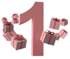 Pink number 1 a birthday concept with gift boxes, 3d render png